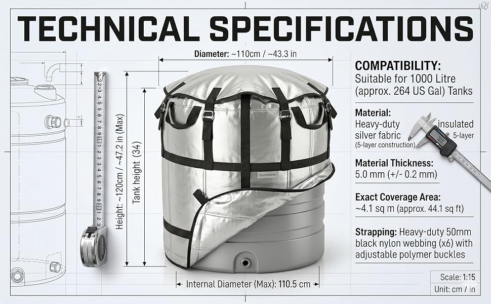 1000L Water Tank Insulation Cover, Heavy Duty UV Resistant Thermal Jacket for Outdoor Overhead Tanks, Waterproof Dustproof Multi-Layer Tank Cover with Straps for Rooftop Summer Protection