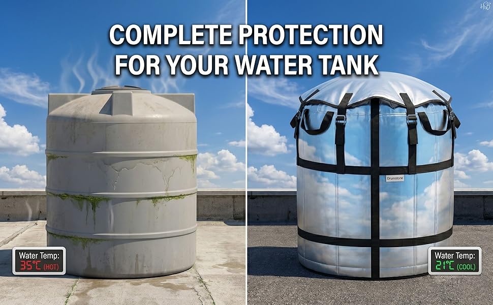1000L Water Tank Insulation Cover, Heavy Duty UV Resistant Thermal Jacket for Outdoor Overhead Tanks, Waterproof Dustproof Multi-Layer Tank Cover with Straps for Rooftop Summer Protection