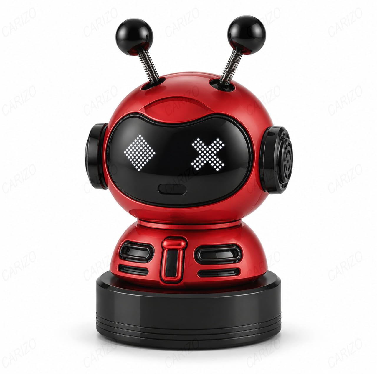 A red and black robotic toy with two antennae, a glossy black face panel with dotted eye patterns, and a round black base, shown on a white background.