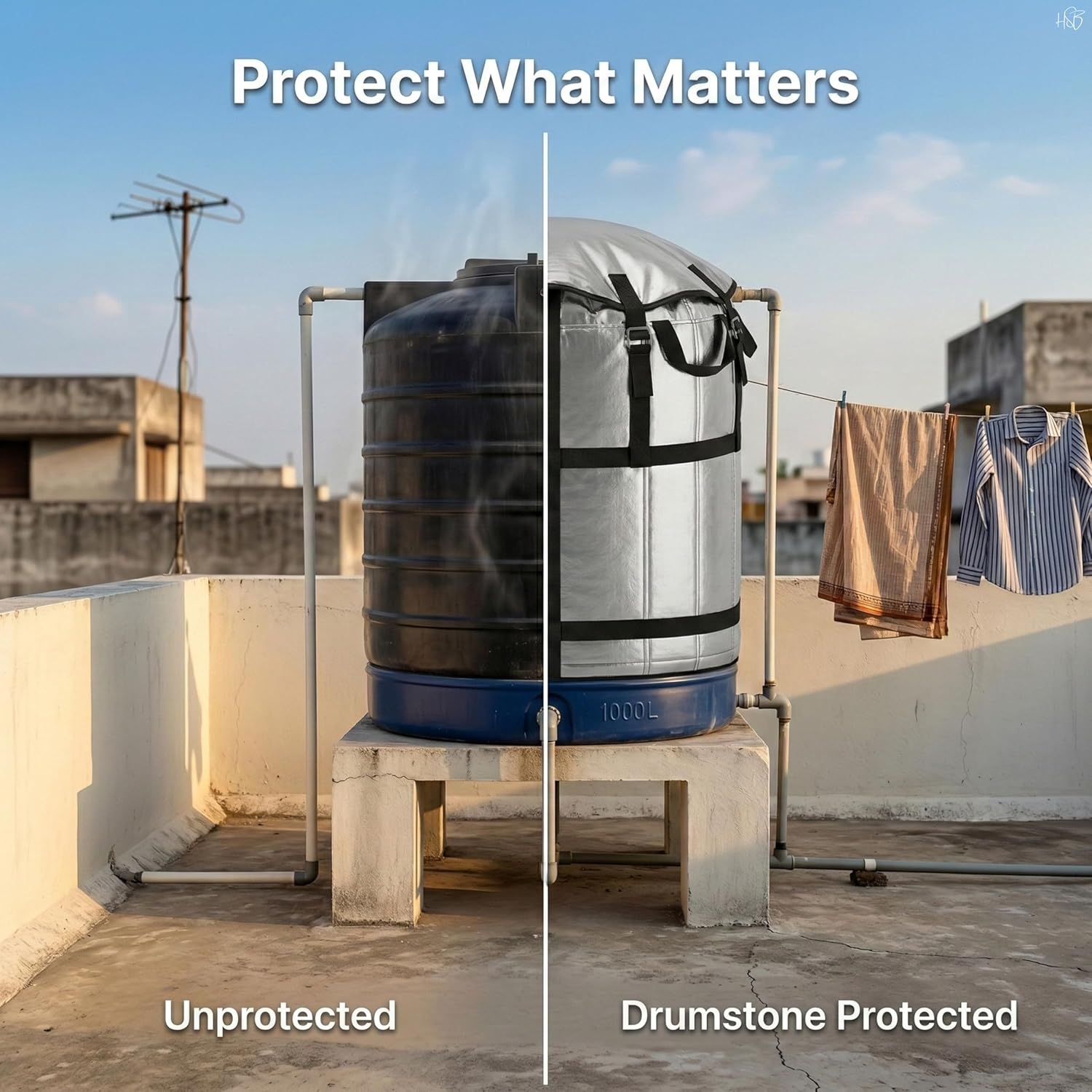1000L Water Tank Insulation Cover, Heavy Duty UV Resistant Thermal Jacket for Outdoor Overhead Tanks, Waterproof Dustproof Multi-Layer Tank Cover with Straps for Rooftop Summer Protection