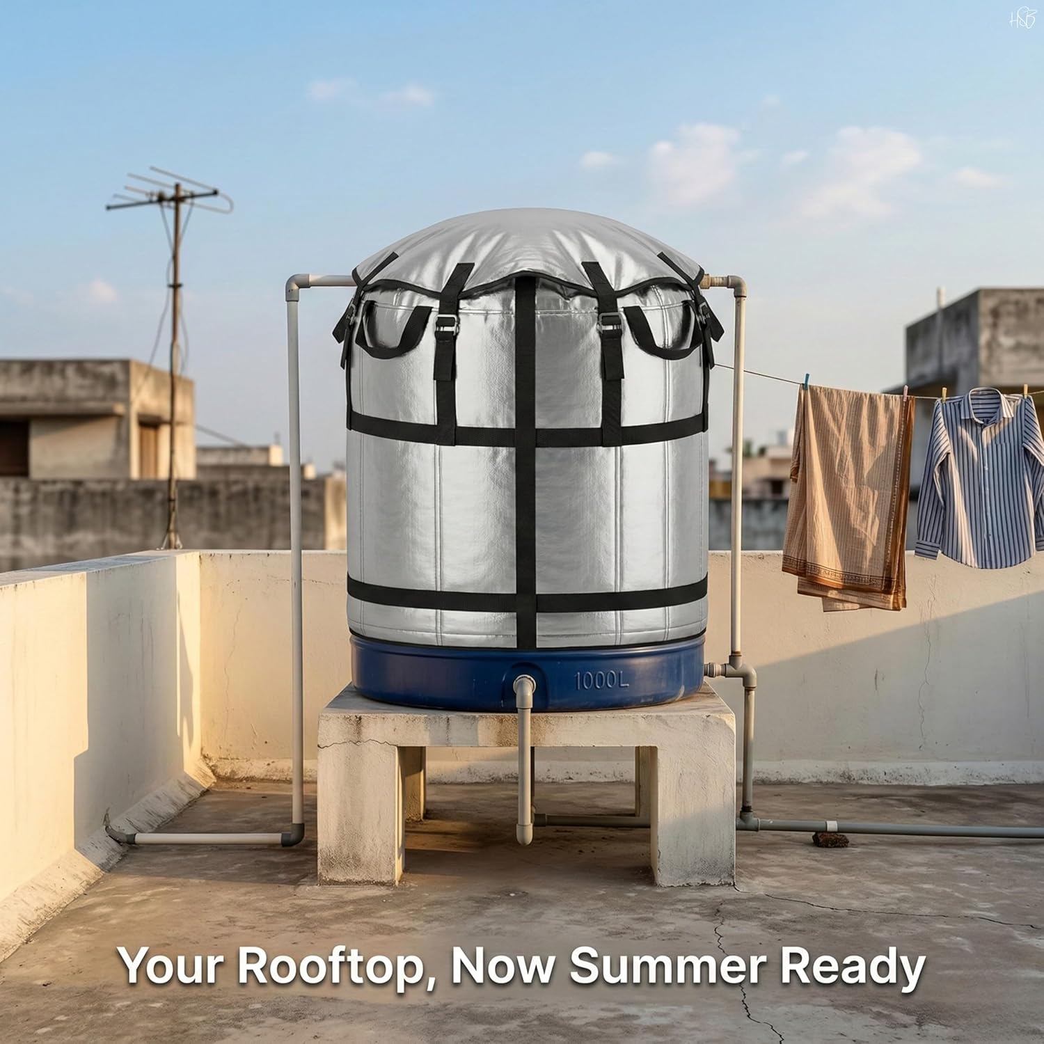 1000L Water Tank Insulation Cover, Heavy Duty UV Resistant Thermal Jacket for Outdoor Overhead Tanks, Waterproof Dustproof Multi-Layer Tank Cover with Straps for Rooftop Summer Protection