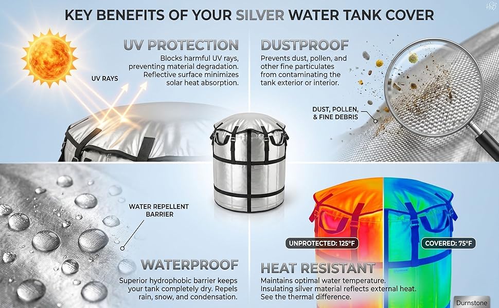 1000L Water Tank Insulation Cover, Heavy Duty UV Resistant Thermal Jacket for Outdoor Overhead Tanks, Waterproof Dustproof Multi-Layer Tank Cover with Straps for Rooftop Summer Protection