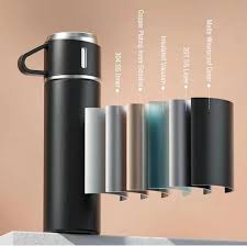 Premium Stainless Steel Vacuum Flask Set – 500ml Thermos with 3 Travel Cups